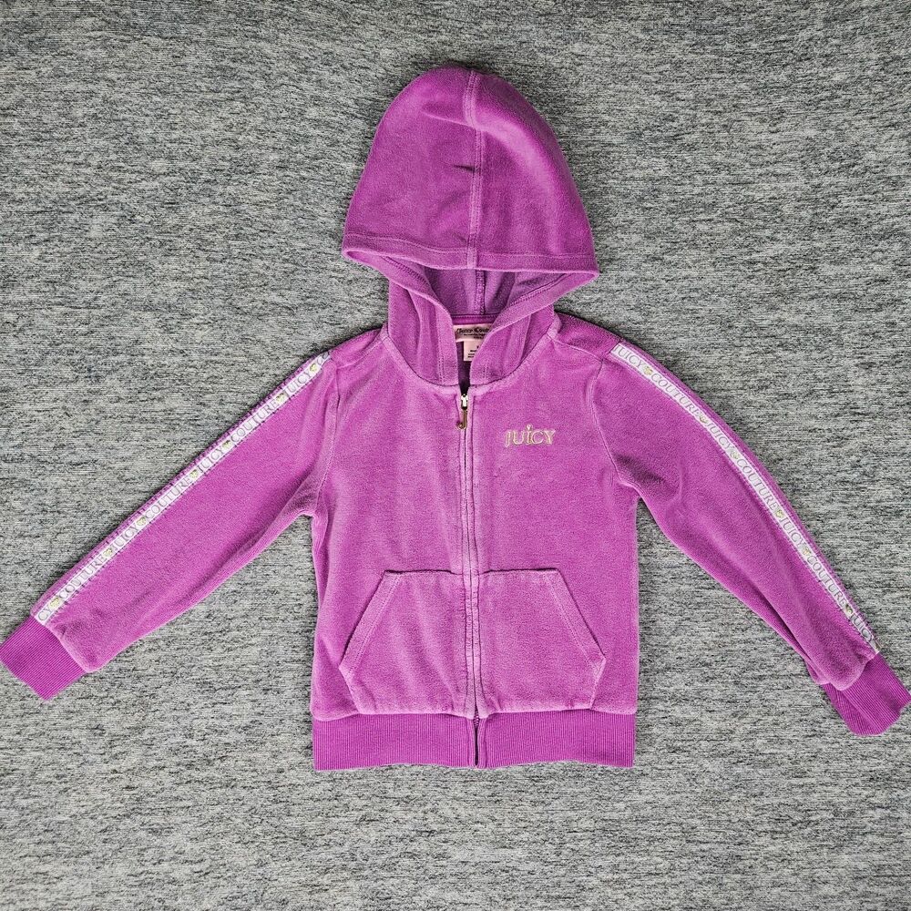Juicy Couture Kids Purple Velour Zip Up Hoodie Sweatshirt Logo Taping Size 5